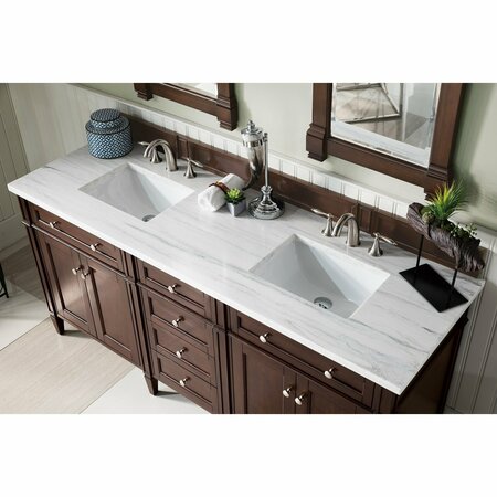 James Martin Vanities Brittany 72in Double Vanity, Burnished Mahogany w/ 3 CM Arctic Fall Solid Surface Top 650-V72-BNM-3AF